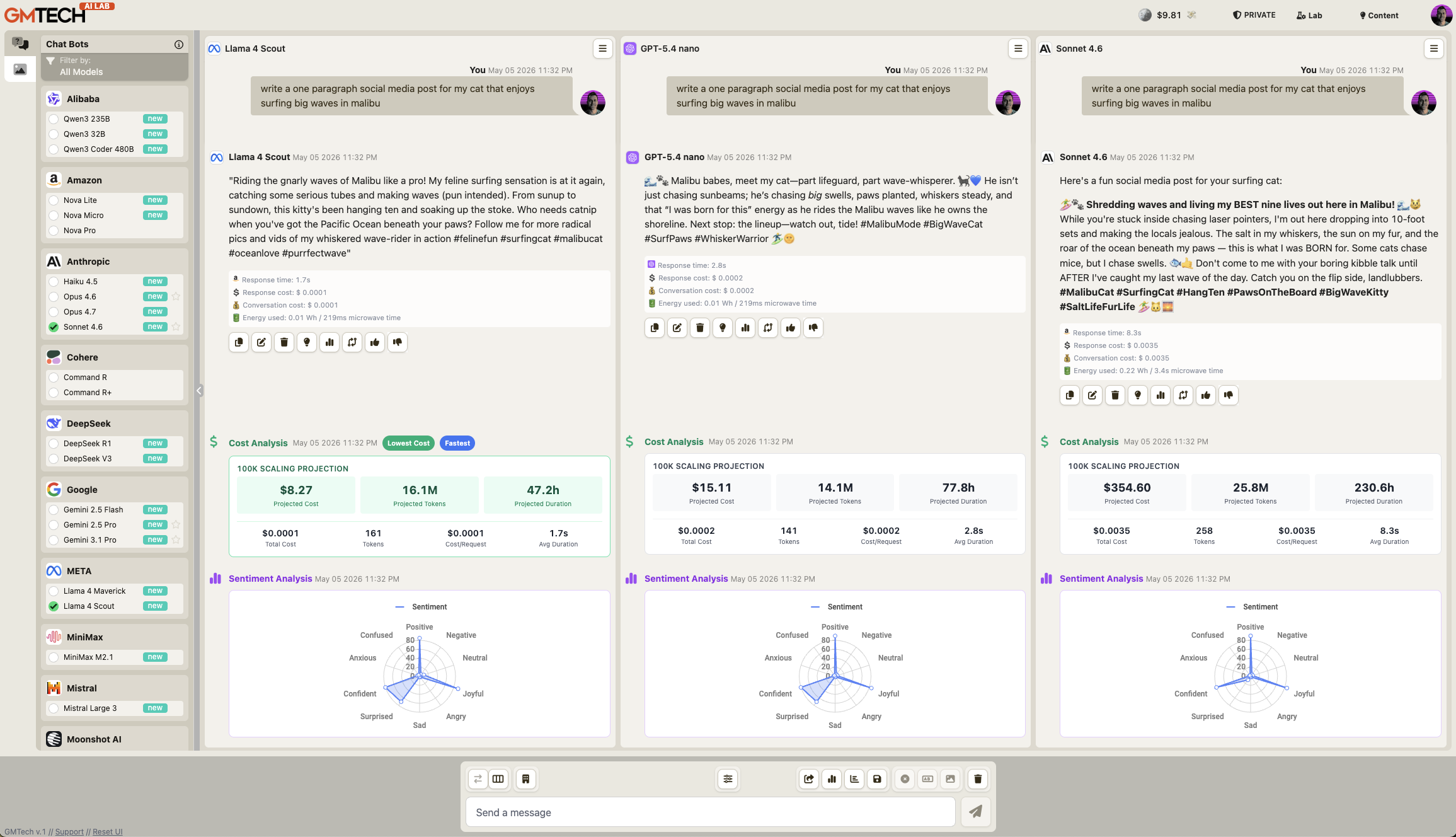 GMTech AI Lab — model comparison interface